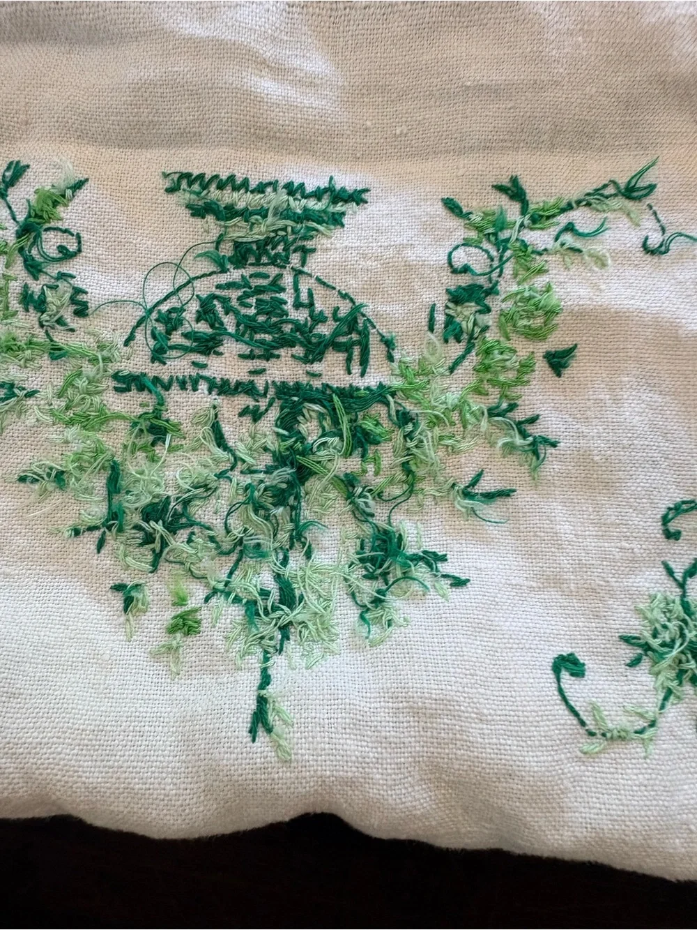 Embroidered Linen Table Runner with Green Floral Urn Design
